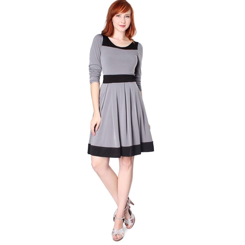 Evanese Women M 2 Tone Long Sleeve Midi A-Line Pleats Workwear Minimalist Dress